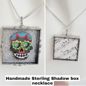 Handpainted SKULL 3D NECKLACE Shadowbox With 925 Chain.